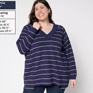 New Attitudes by Renee size 2X Navy Striped V Neck Waffle Knit Slouchy Top